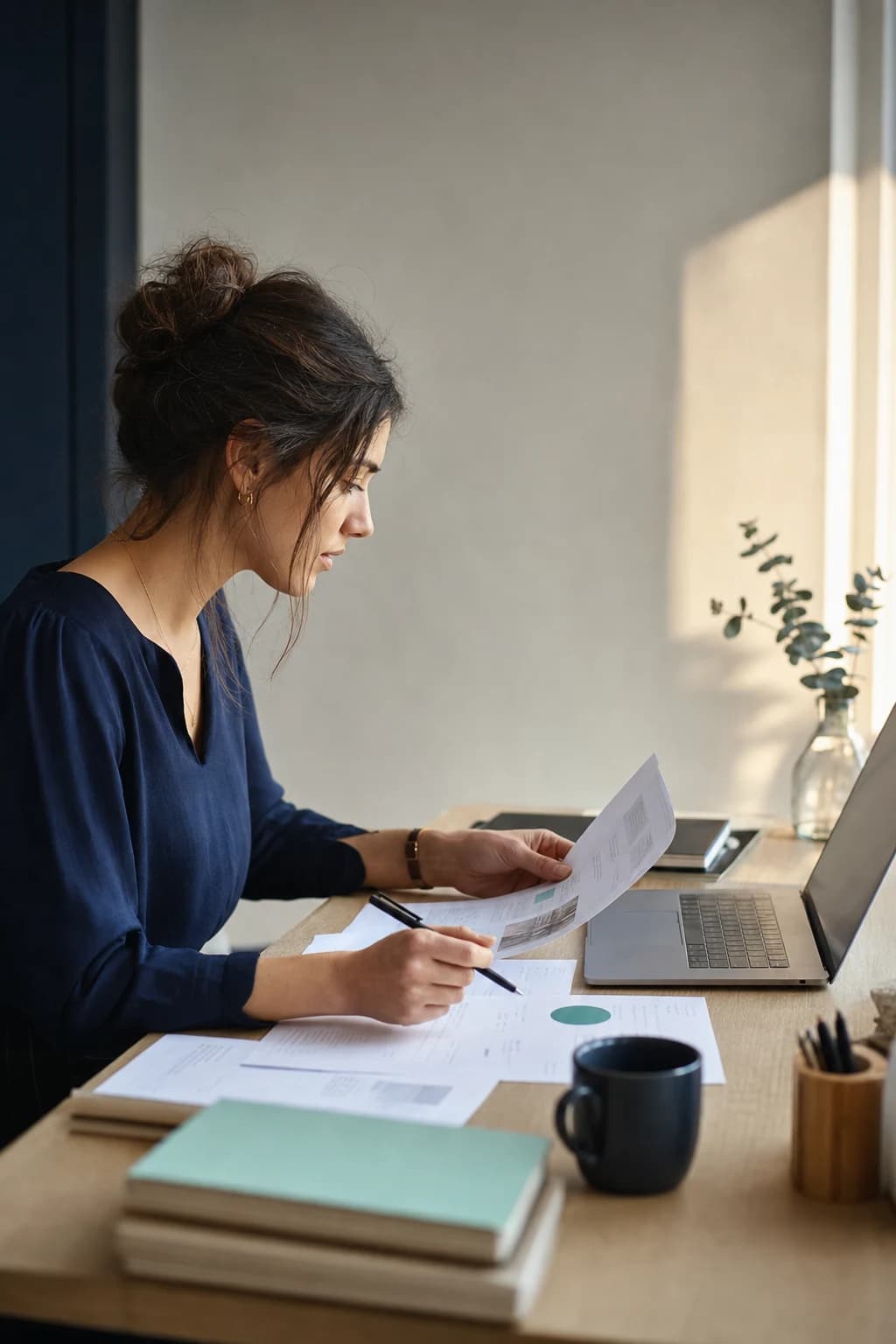 Une personne relit des documents de candidature à son bureau.
